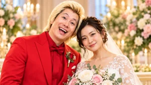 赤いスーツの男性とウェディングドレス姿の女性の結婚イメージ