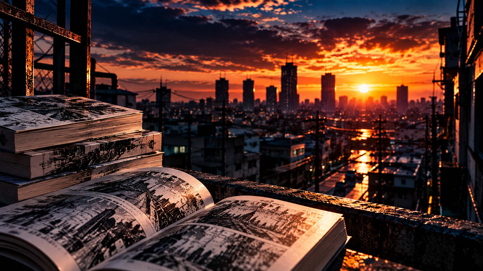 鬼門街の打ち切りと完結をイメージした漫画と夕暮れの街
