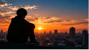 鬼門街の世界観をイメージした夕暮れの街と人物
